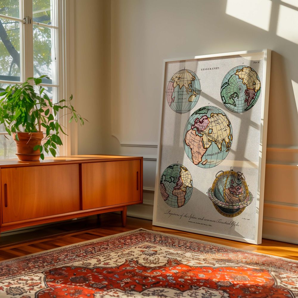 Elegant Geography Canvas Wall Art - This vintage world map print showcases detailed illustrations of the hemispheres, making it a perfect addition to any home office decor. Ideal as a wall hanging, it adds a touch of history and sophistication to study sp