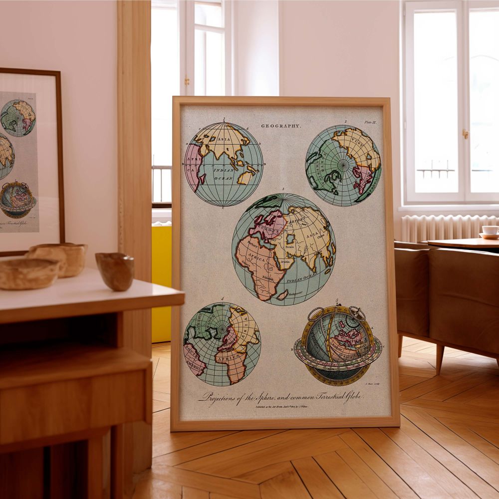 Antique Map Print for Home Decor - Featuring intricate cartography, this geography canvas map highlights the hemispheres of a globe in a stunning world map wall art design. Perfect for home office decor, it adds a timeless aesthetic to any room. This vint