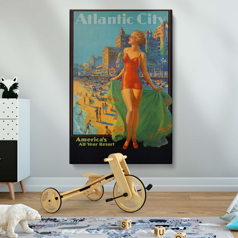 Wall canvas of a classic Atlantic City tourism poster showcasing a stylish woman in a red swimsuit holding a flowing green cover-up on a sunny beach, with a lively boardwalk and detailed cityscape in the background for nostalgic decor.