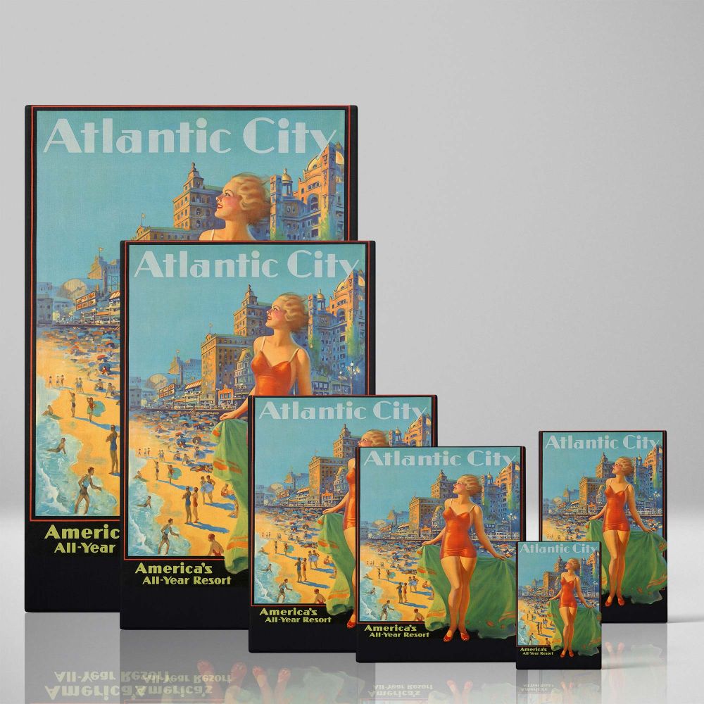 High-quality canvas print of an Atlantic City tourism poster with a stylish woman in a red swimsuit posing on the beach, surrounded by beachgoers and a sunny boardwalk cityscape, perfect for retro and nostalgic home decoration.