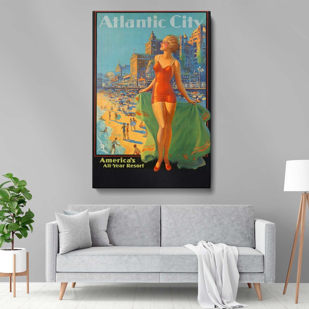 Nostalgic wall art of an Atlantic City tourism poster printed on canvas featuring a glamorous beach scene with a confident woman, colorful seaside details, and a lively boardwalk, bringing vintage travel vibes to your space.