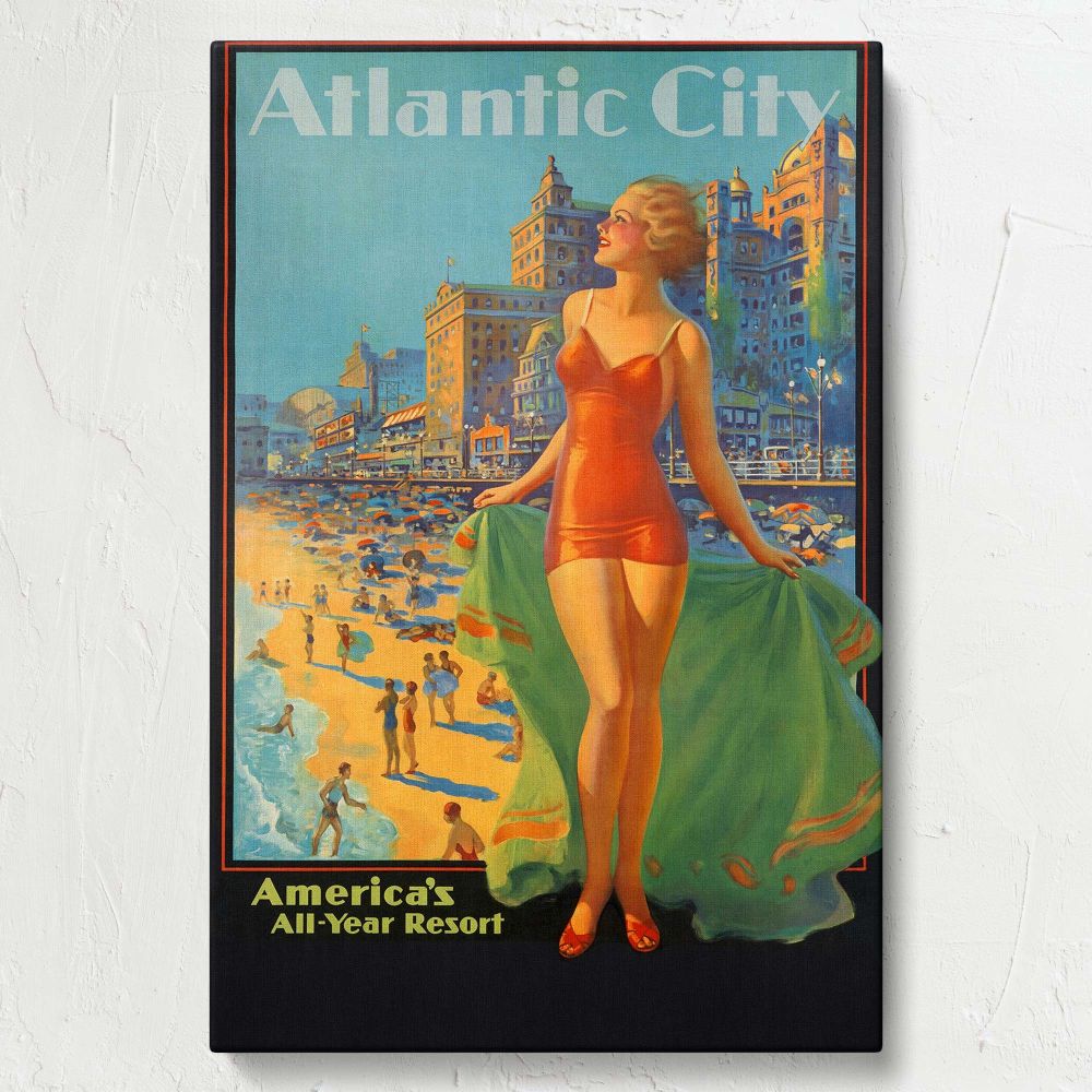 Retro Atlantic City wall canvas showcasing a tourism poster of a stylish woman in a red swimsuit holding a green cover-up, surrounded by beachgoers, colorful umbrellas, and detailed architecture for a nostalgic travel art look.