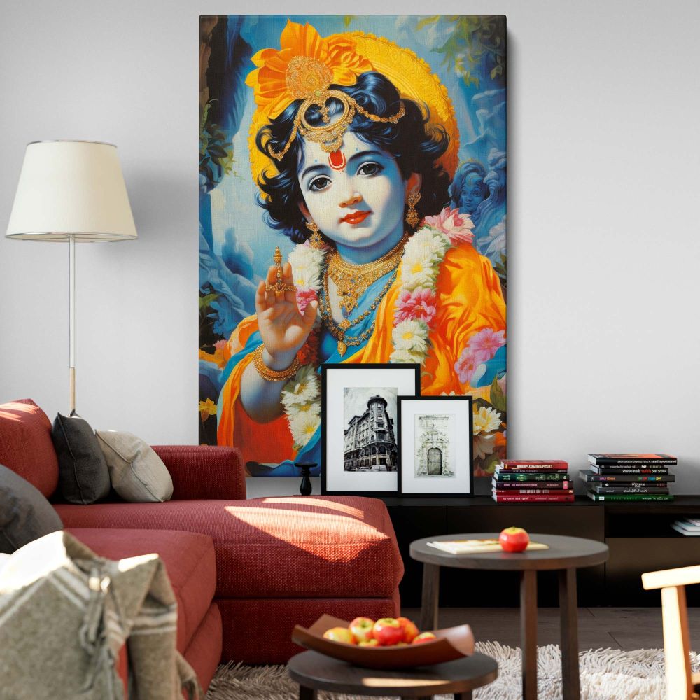 Vibrant wall canvas of Lord Krishna as a child with a gentle expression, adorned with intricate jewelry and a floral garland, dressed in orange and blue attire, offering blessings with his raised hand in this stunning Janmashtami-inspired Indian art.