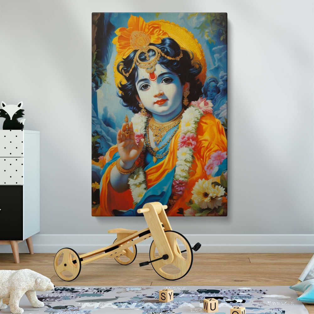 Beautiful painting of Krishna wearing a peacock-feather crown and floral garland, seated in a serene setting with vibrant orange and blue attire, radiating divinity and peace, a perfect wall canvas for Janmashtami celebrations and spiritual decor.