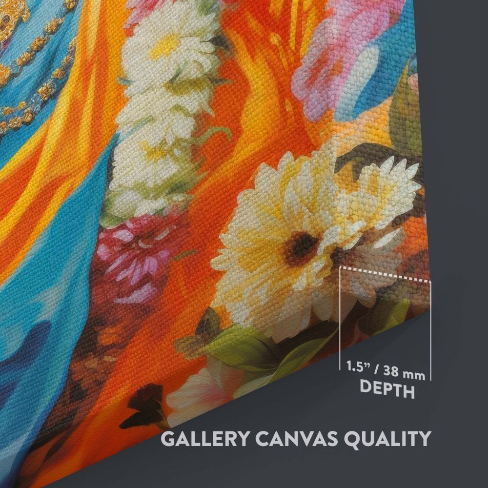 Krishna depicted as a divine child with an ornate crown and intricate jewelry, holding his hand in blessing, surrounded by flowers and dressed in bright colors, a vibrant Janmashtami-inspired art piece for wall decor and devotional spaces.