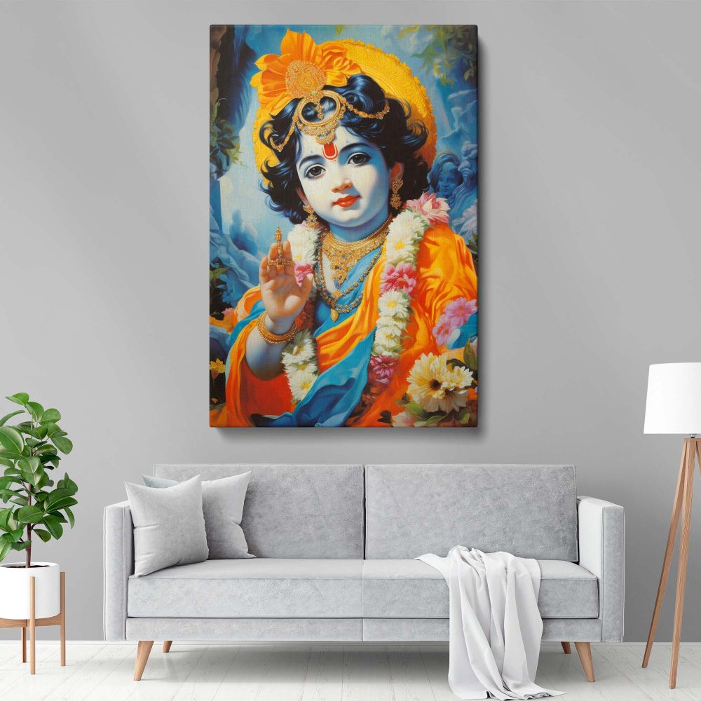 Lord Krishna depicted in a vibrant painting as a child with a floral garland, intricate gold jewelry, and a blessing hand gesture, wearing bright orange and blue attire, symbolizing divinity and positivity in this Janmashtami-inspired artwork.