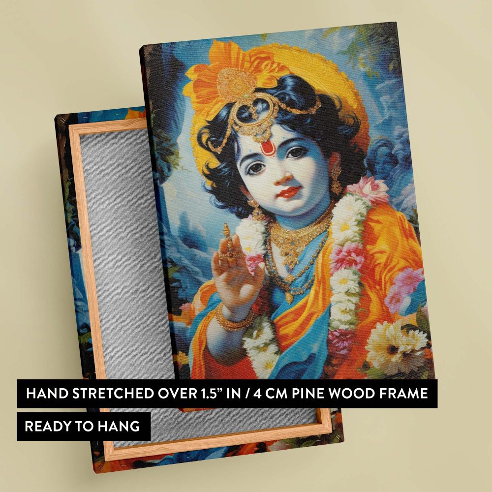 Krishna as a divine child in colorful attire, adorned with jewelry and a floral garland, with his hand raised in blessing, a vibrant and detailed Janmashtami wall canvas capturing his grace and spirituality for home or meditation spaces.