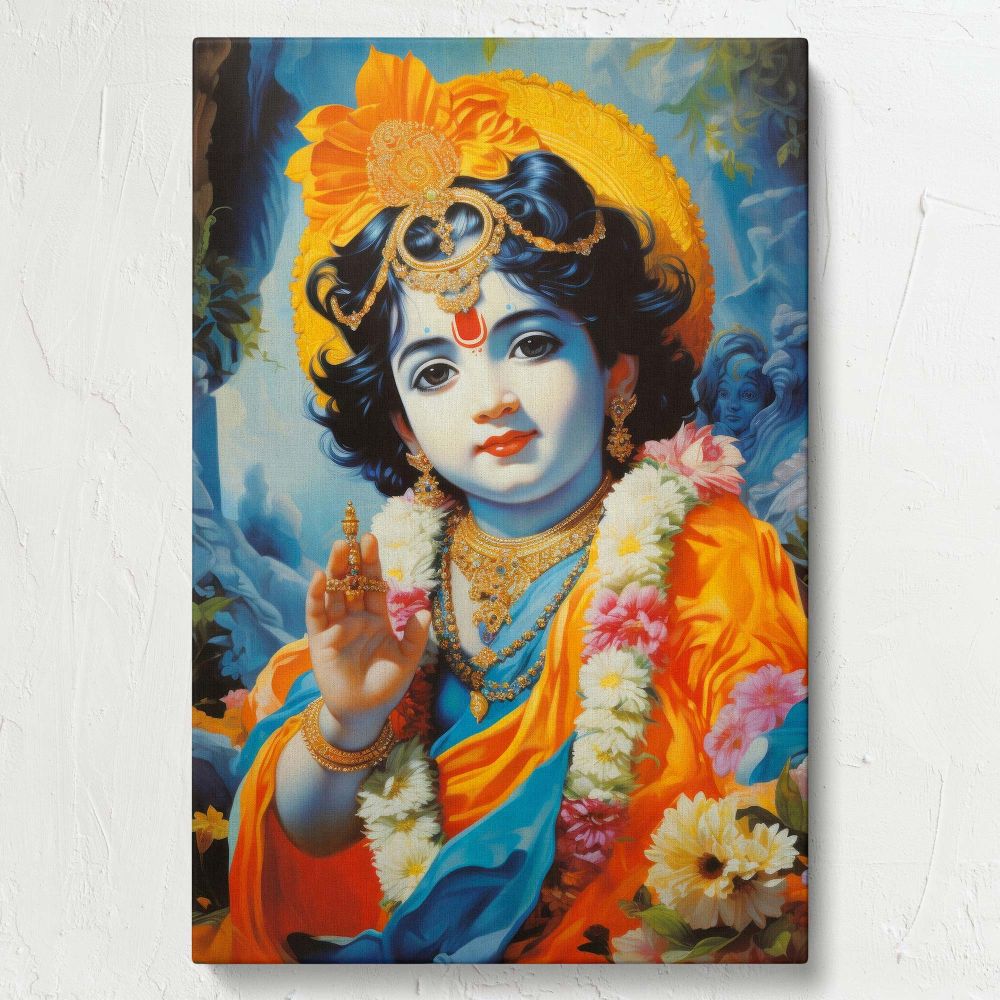 Stunning Janmashtami wall canvas showing Krishna as a child wearing a peacock-feather crown and floral garland, dressed in vibrant orange and blue, radiating peace and blessings in this colorful and intricate Indian devotional art piece.