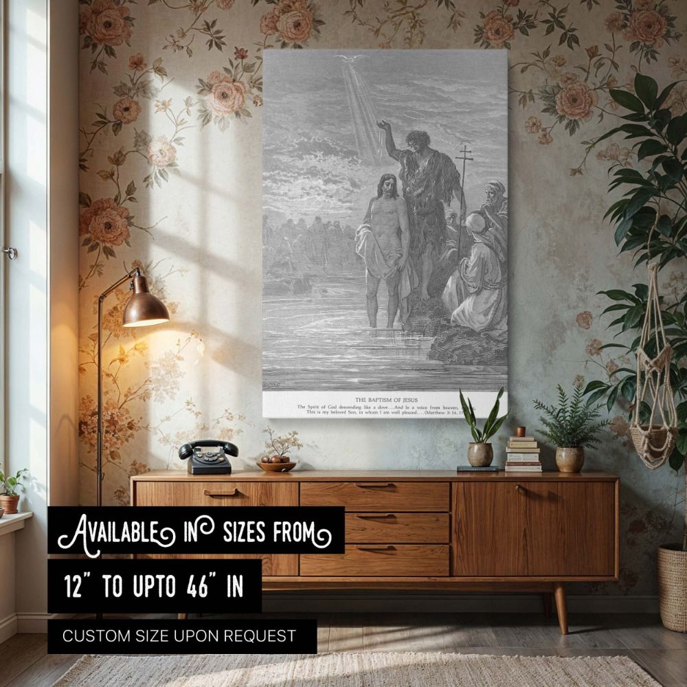 Canvas wall art of The Baptism of Jesus by Gustave Dore captures the divine moment when John baptizes Christ in the Jordan River while the Holy Spirit descends as a dove, rendered in dramatic engraving ideal for churches and sacred Christian home decor.