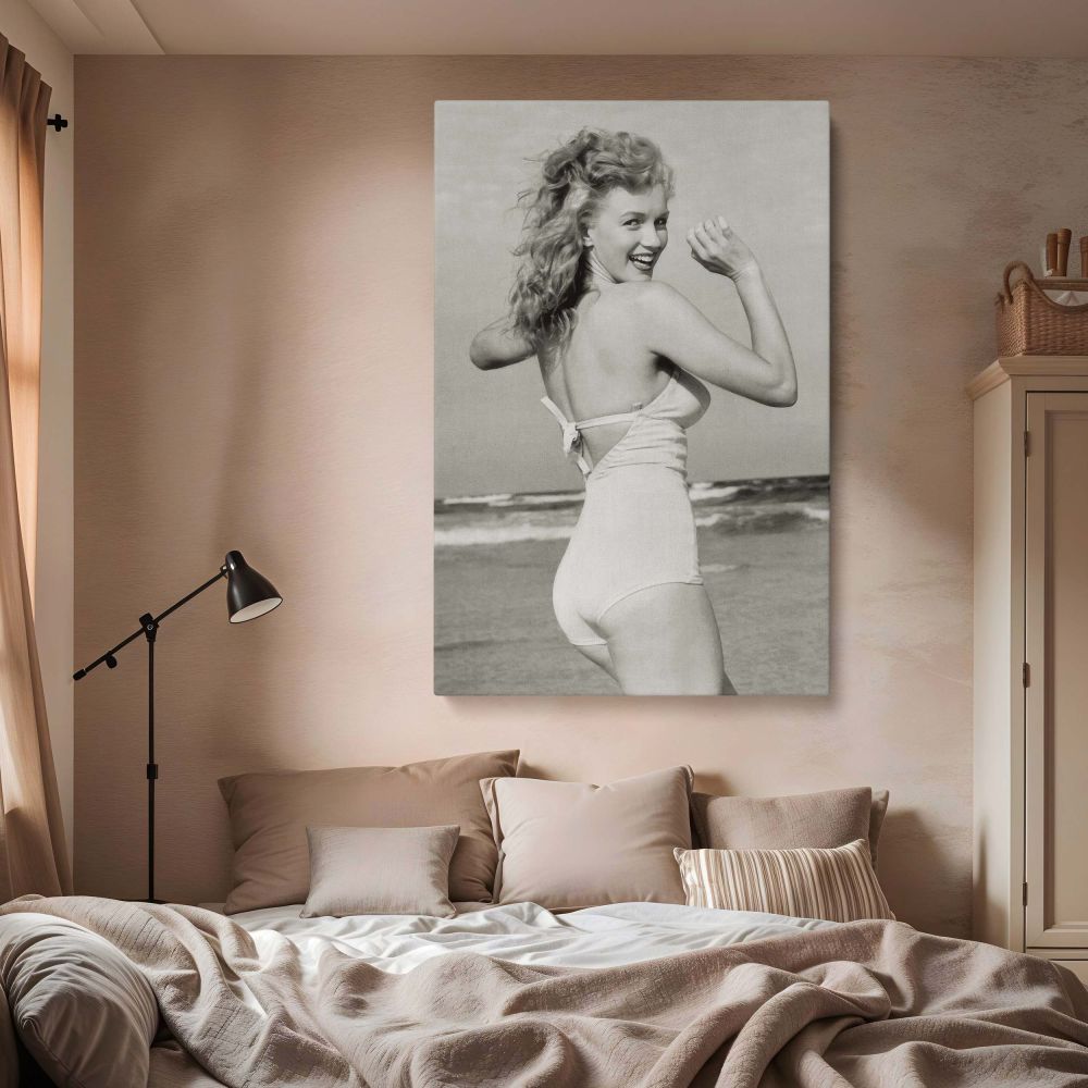 Vintage style canvas wall art featuring Marilyn Monroe in bikini on the beach ideal for living room decor and trendy home canvas art collection.