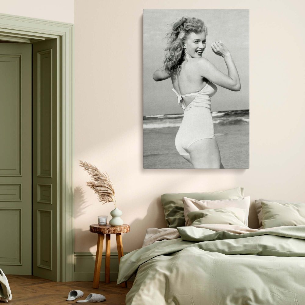 Marilyn Monroe black and white canvas wall art in classic swimwear on the beach perfect nude portrait and gift for her or girlfriend gift.