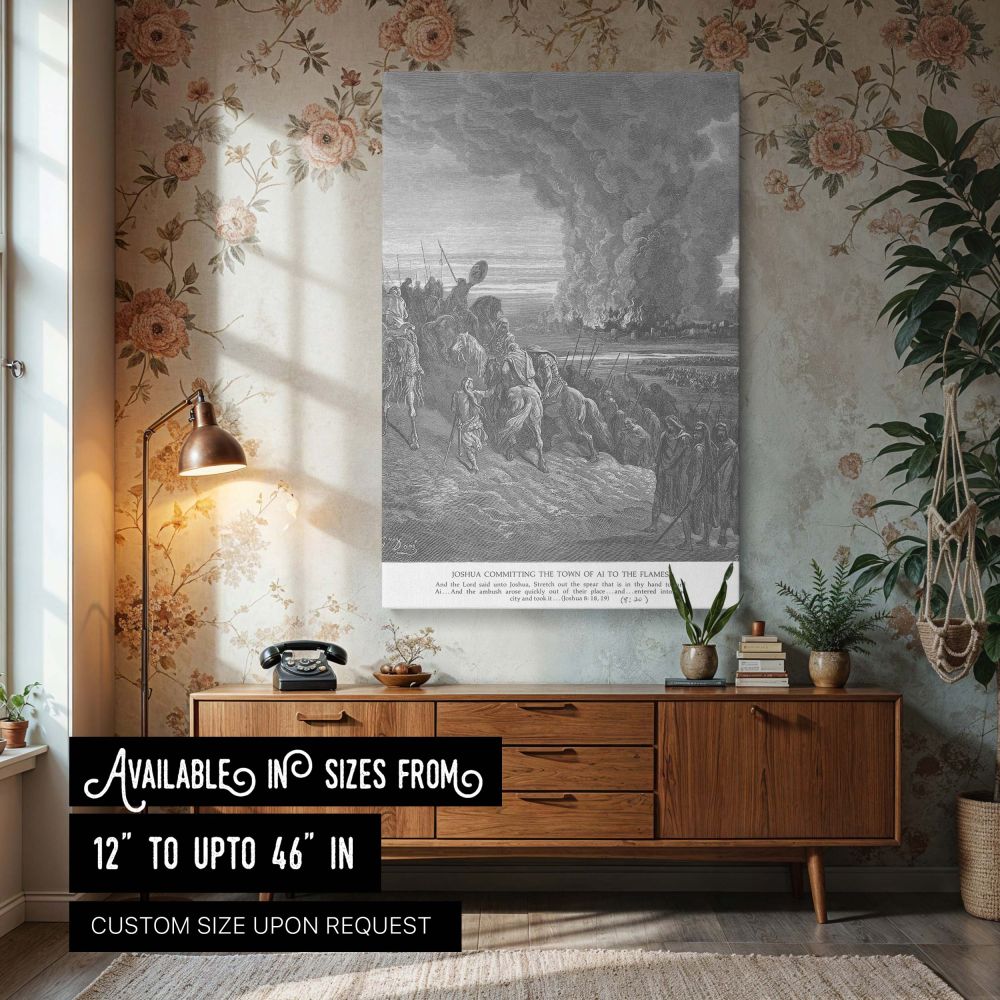 Canvas wall art of Gustave Dore's engraving Joshua Burns the Town of Ai featuring warriors on a hillside and a smoking, burning city in the background, ideal for church walls, spiritual study rooms, or biblical art displays with historic depth.