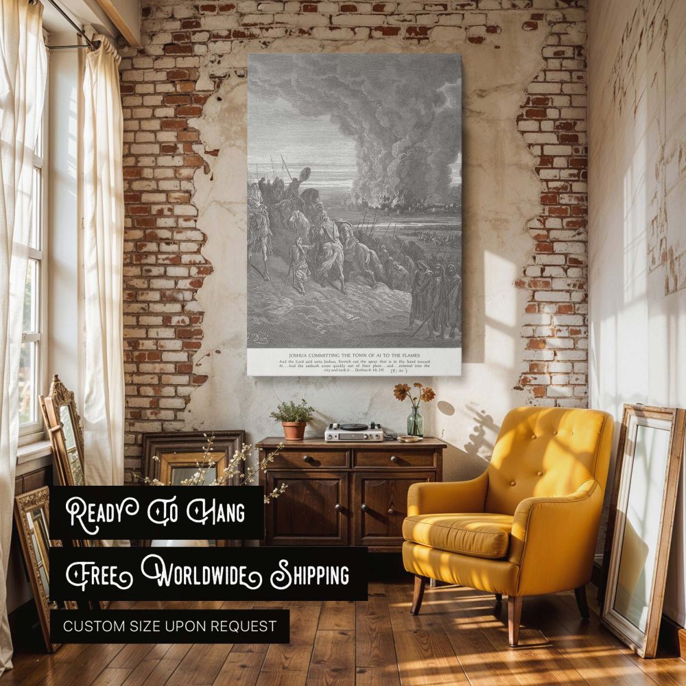 Dramatic wall canvas of Joshua leading the Israelites in conquest as Ai burns in the distance, with dark smoke clouds and engraved soldier detail ideal for sacred spaces or rooms highlighting biblical military history.