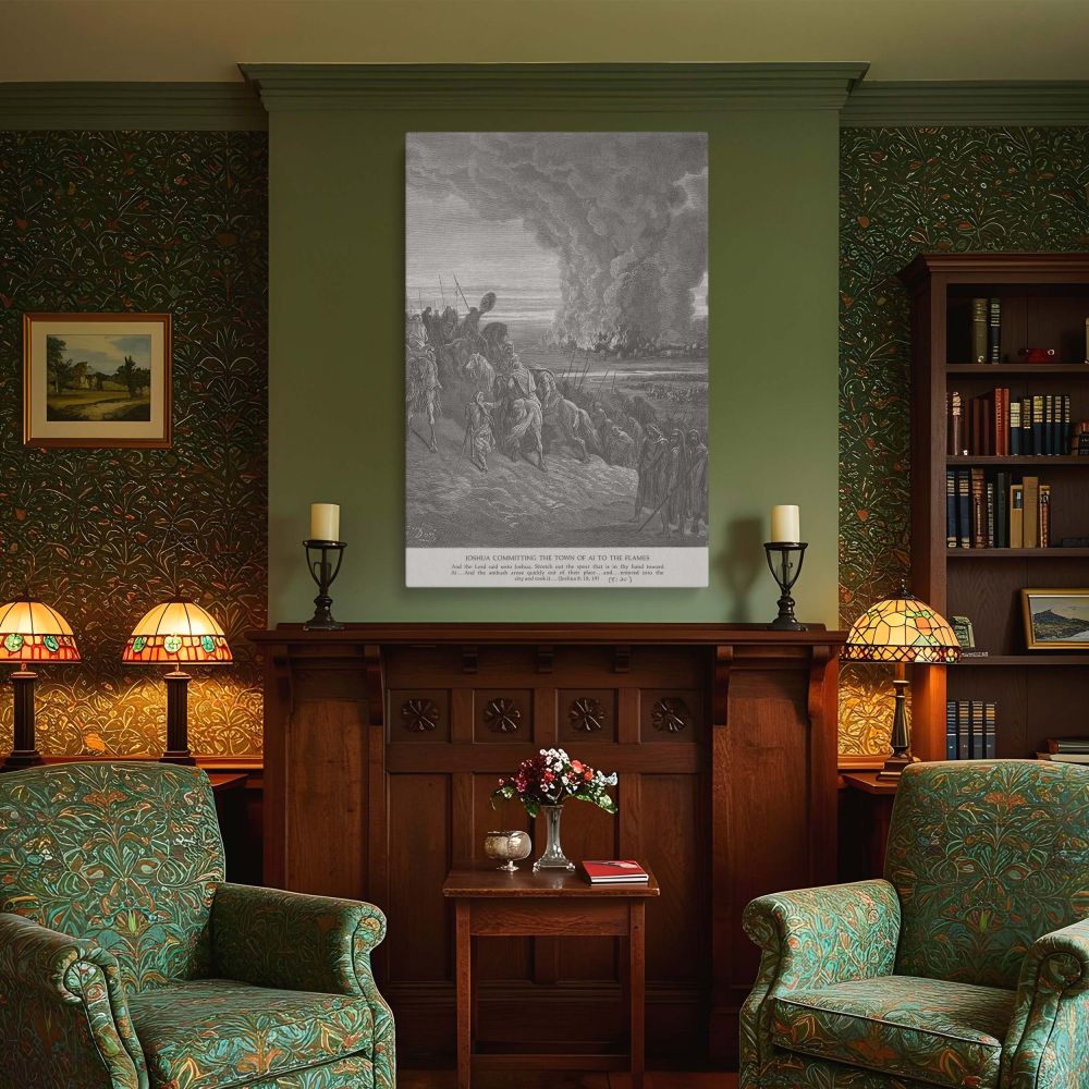 Religious canvas print based on Dore's biblical illustration showing divine judgment and destruction with plumes of smoke and marching figures, suitable for church offices, home altars, or historical study rooms.