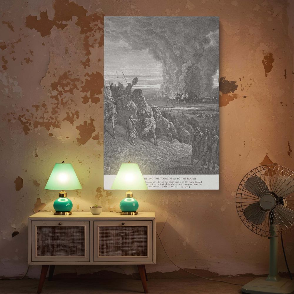 Engraved scene of Joshua's conquest of Ai printed on canvas, with flames, soldiers, and rocky terrain providing symbolic tension for faith-based environments or scriptural reflection rooms.