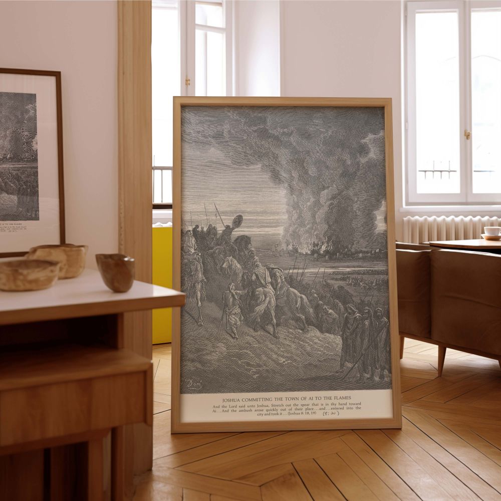 Powerful depiction of a biblical battle scene in Dore's engraved style, with citywide flames and soldiers climbing terrain, presented on canvas for traditional church offices or sacred decor.