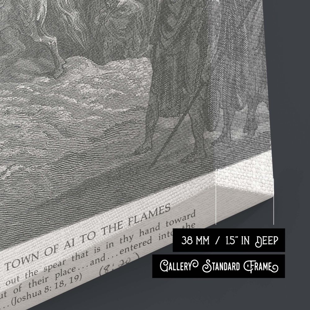 Joshua leads his army across rocky slopes as the smoke from the burning city of Ai fills the sky in this dramatic biblical engraving canvas, suited for contemplative or devotional interior wall art.