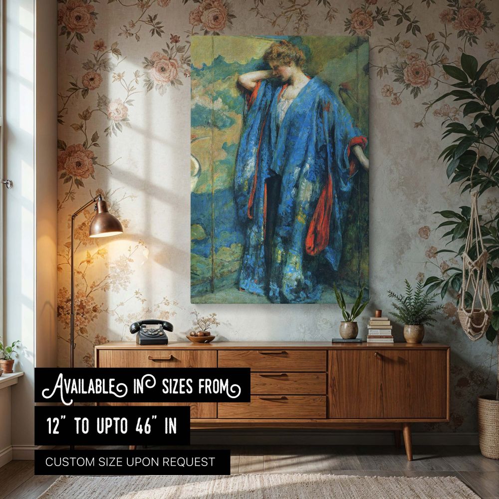 Canvas wall print of Blue and Yellow by Robert Lewis Reid featuring a woman dressed in a long flowing blue robe with vivid red lining, standing beside a painted screen adorned with white cranes and blooming branches. Her soft posture and downward glance a