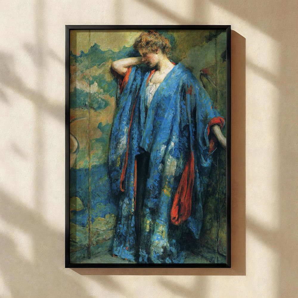 Fine art canvas of Robert Lewis Reid's Blue and Yellow, showing a woman in luxurious robes with vivid blue and golden hues, surrounded by an ornamental backdrop featuring a heron and abstract foliage. Her calm stance and the graceful textures of her garme