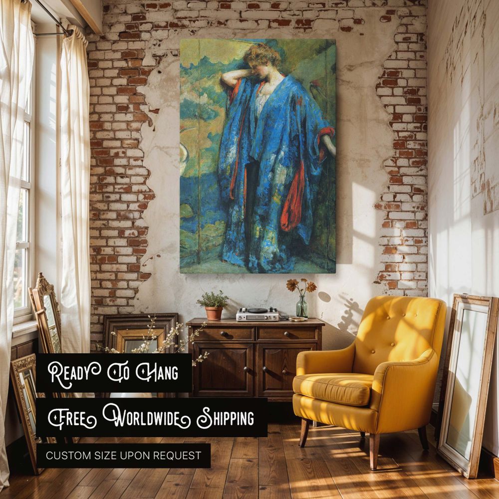 Artistic canvas wall print of Blue and Yellow by Robert Lewis Reid showing a figure clad in an ultramarine robe, surrounded by a mural screen painted with cranes and pastel skies. The flowing silhouette and colorful brushwork create a bold visual effect. 