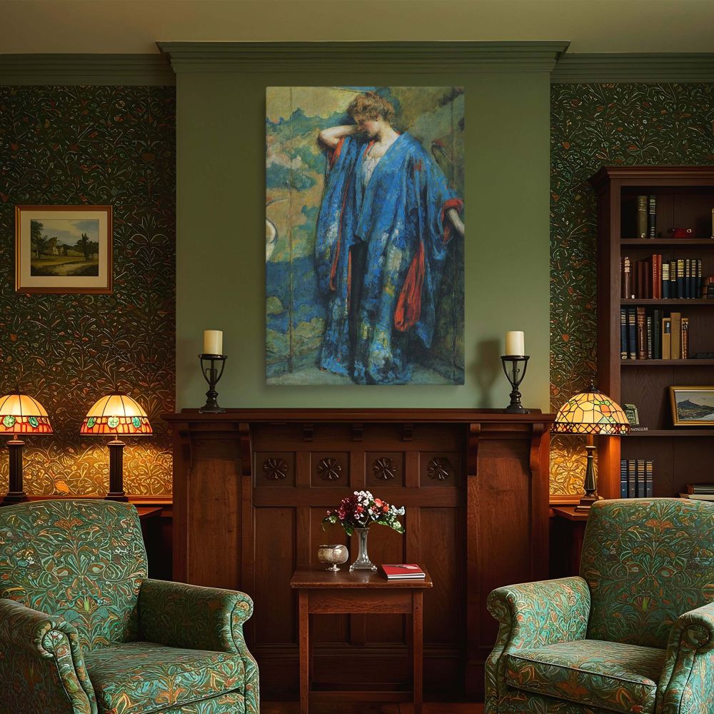 Robert Lewis Reid's Blue and Yellow as a canvas print featuring a poised woman wrapped in patterned blue robes, set against a painted backdrop with cranes and foliage. The dynamic textures of her garment and the surrounding screen evoke a dreamlike space 