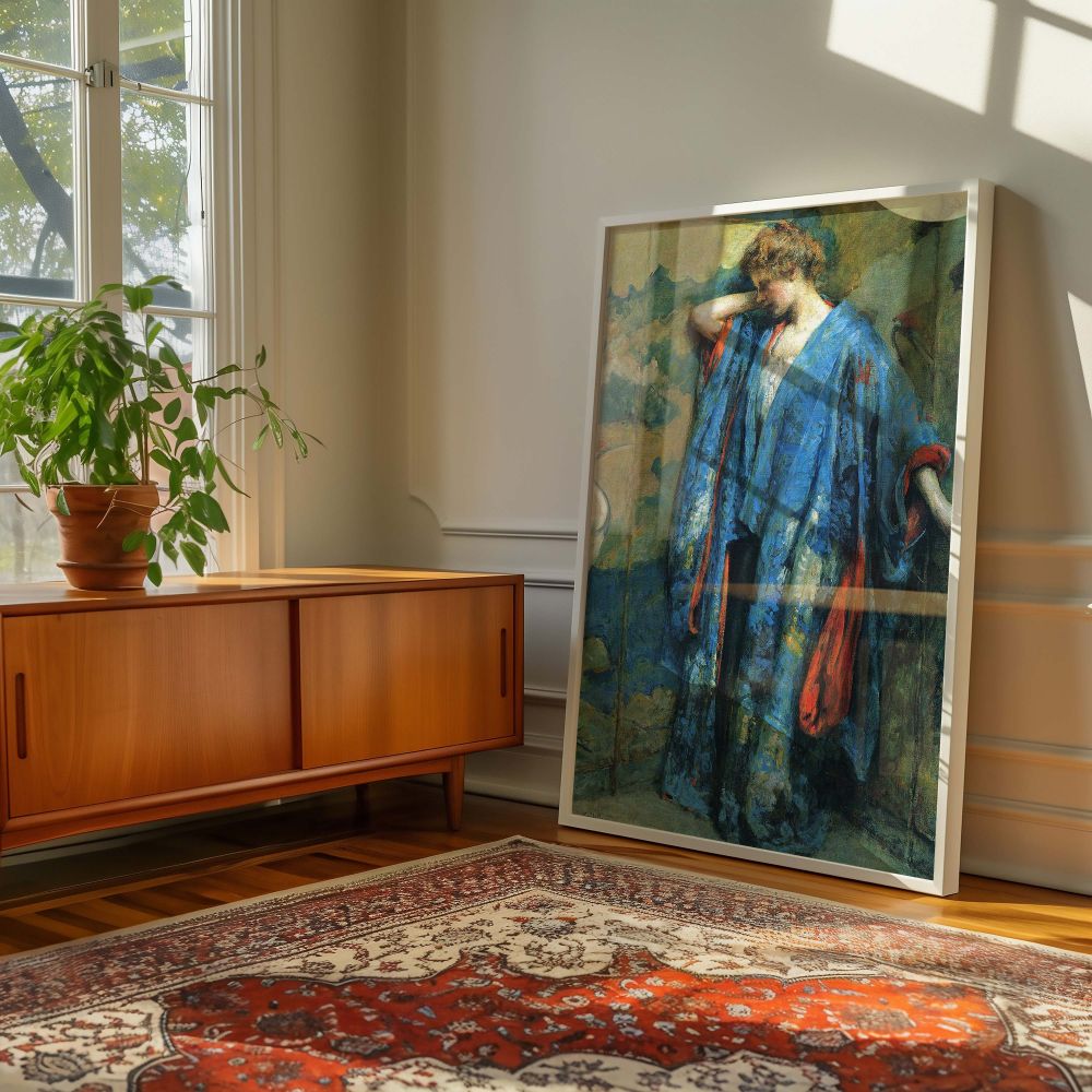 Impressionist canvas print of Blue and Yellow showing a woman in deep blue robes with red-orange lining beside a screen with floral and bird imagery. Her figure stands quietly with one arm raised, adding visual rhythm and grace. This piece enhances interi