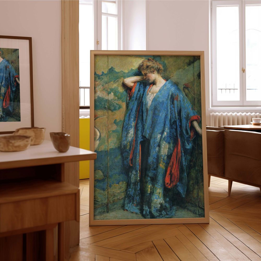 Wall canvas print of Blue and Yellow by Robert Lewis Reid featuring a woman surrounded by painterly textures and a folding screen with cranes and pastel tones. The contrast of her richly hued robe with the delicate background offers an immersive visual ex