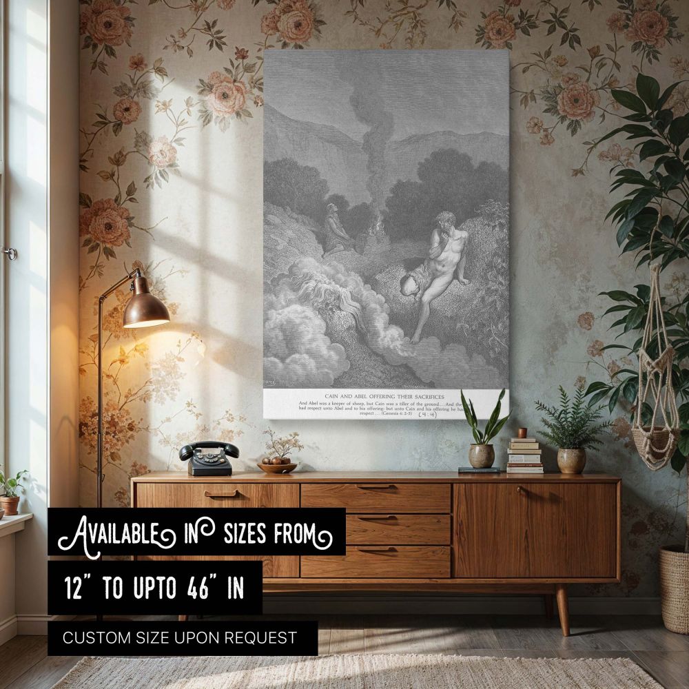 Canvas wall art of Cain and Abel offering their sacrifices as Abel's smoke rises and Cain's is rejected, drawn by Gustave Dore in Genesis 4:2-5 with dramatic divine presence and contrasting body language, ideal for spiritual reflection and Christian wall 