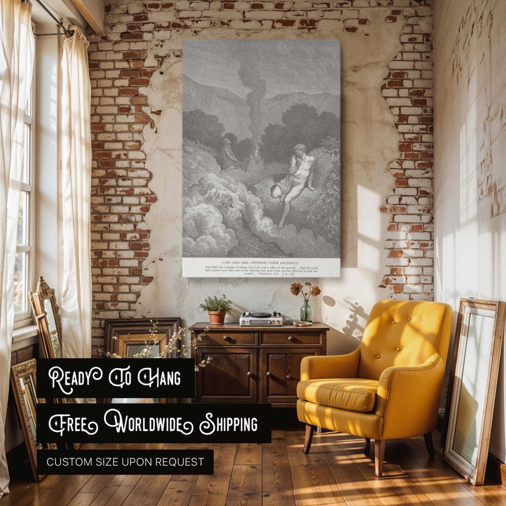 Gustave Dore's black and white canvas wall art of Cain and Abel's offerings illustrates the spiritual divide between faithful and selfish worship, a deeply symbolic Genesis scene rendered in classical style for Christian theological decor.