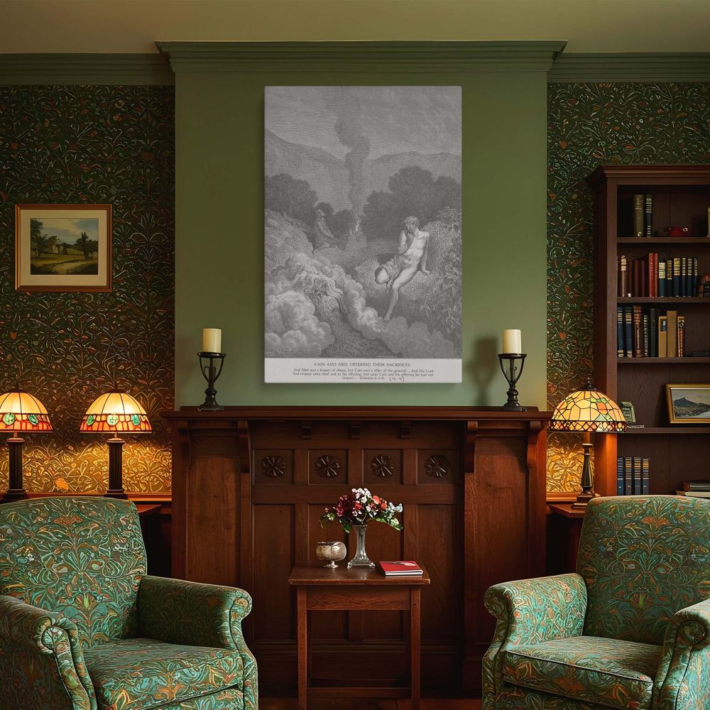Canvas wall art based on Genesis 4:2-5 showing Abel's accepted sacrifice rising toward heaven as Cain's rejected offering turns down, captured in Dore's dramatic engraving style with divine light and emotional tension for spiritual home or study display.