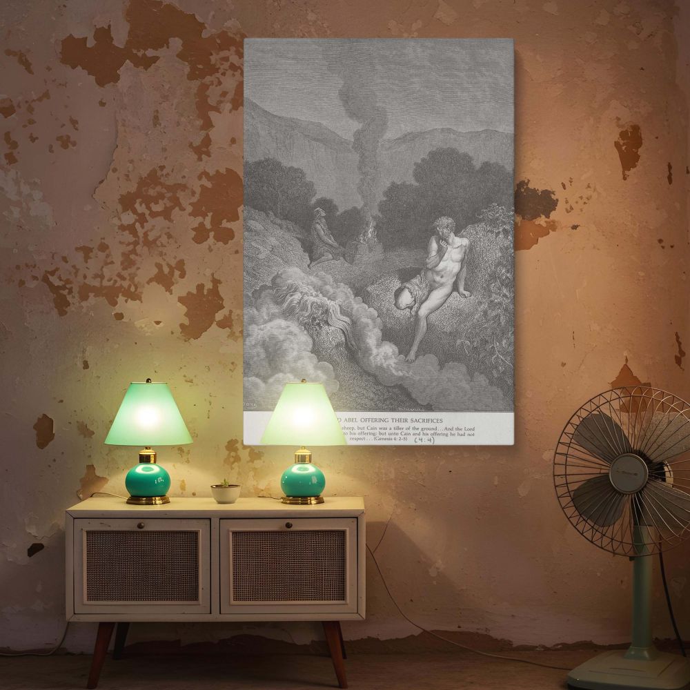 A powerful visual in canvas wall art format showing God's differing responses to Cain and Abel's sacrifices, as one is lifted in light and the other shrouded in shame, a masterpiece of biblical symbolism and contrast by Gustave Dore.