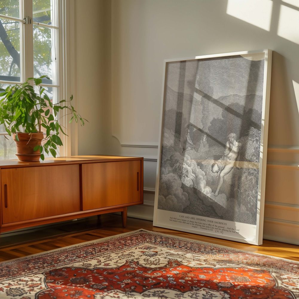 This canvas wall art portrays the Genesis 4:2-5 account of Cain and Abel, where offerings are made and judged by God, with Abel's smoke rising and Cain's curling down-a meaningful image of worship, rejection, and divine presence for Christian interiors.