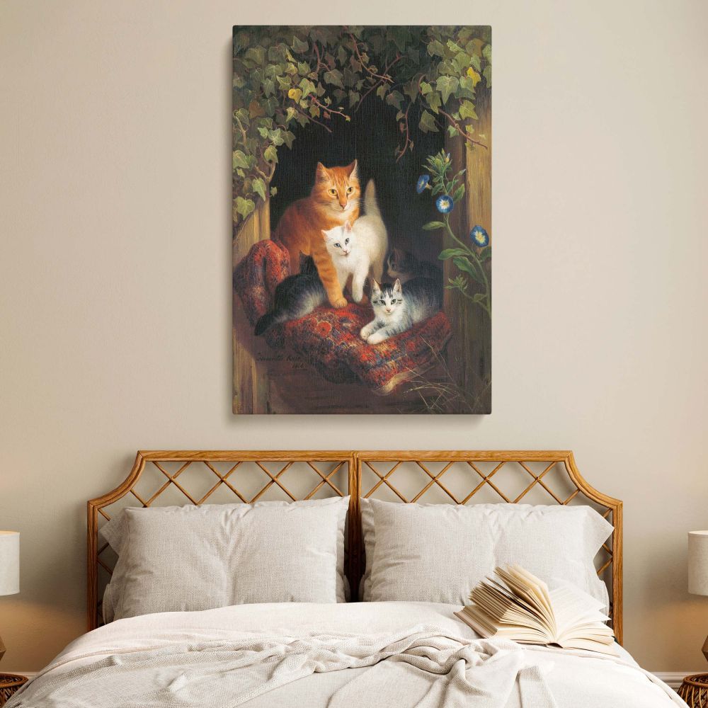 Cat with Kittens canvas wall art featuring HenriEtte Ronner's 1844 painting of a mother cat and her playful kittens resting on a cushion, surrounded by ivy and flowers, a vintage animal artwork perfect for pet lovers and antique-inspired home decor.
