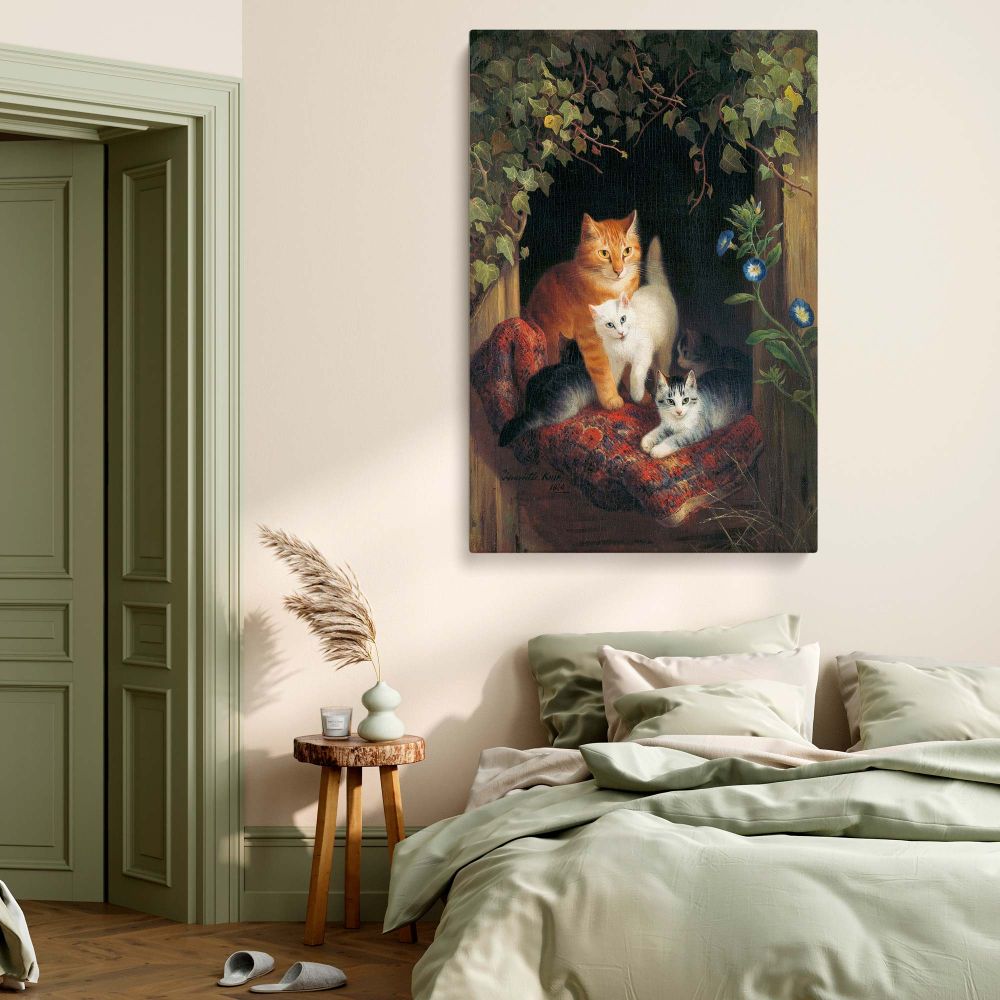 Antique-inspired cat wall art printed on premium fade-resistant canvas, featuring a detailed Victorian-style feline portrait of a mother cat and kittens, a charming and cozy fine art print for traditional, rustic, and vintage home decor styles.