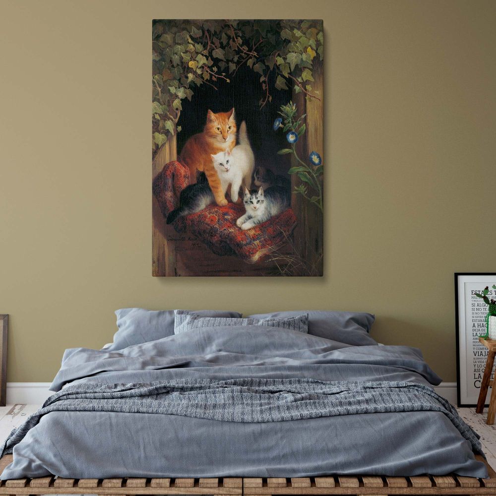 Timeless fine art cat painting printed on durable canvas, capturing the warmth and innocence of kittens playing under the watchful gaze of their mother, a sophisticated and detailed antique artwork for vintage-style interiors.