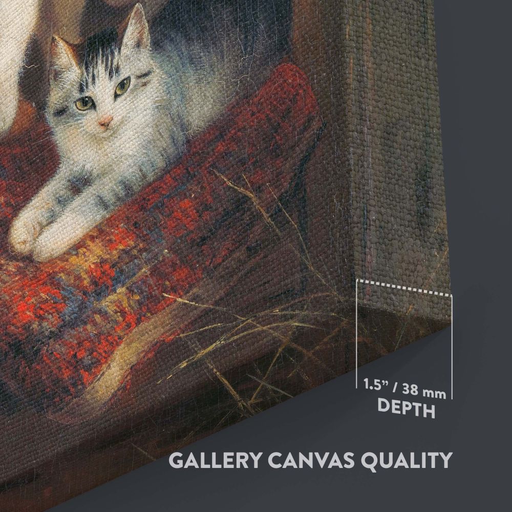 Artistic Victorian-era cat painting on canvas, showcasing a realistic and beautifully detailed depiction of a mother cat with kittens in a floral setting, a stunning historical pet portrait perfect for elegant and cozy home decor.