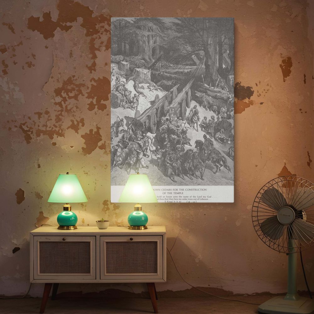 Biblical labor and divine construction meet in this Dore canvas print titled 