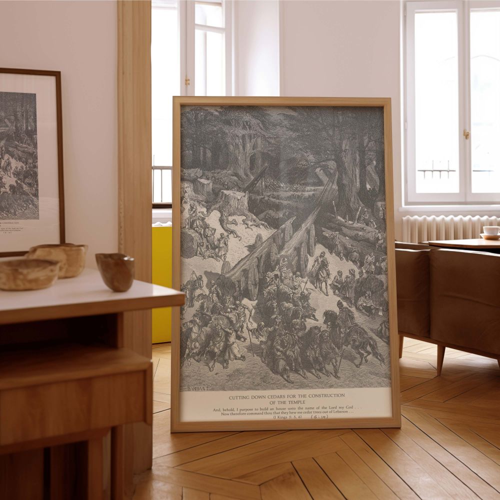 This canvas wall art features Gustave Dore's engraving of cedar transportation for Solomon's Temple. Men on horseback lead teams of oxen pulling huge logs through a vast clearing surrounded by towering stumps and fallen trees. With dynamic composition and