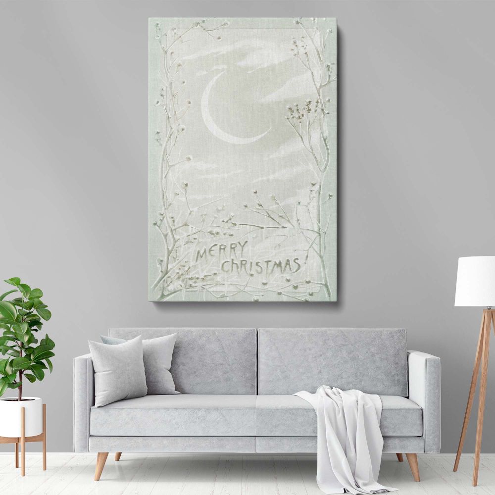 Christmas card canvas wall art inspired by a historical L. Prang & Co. holiday design featuring a crescent moon, frosty branches, and festive text, a charming framed artwork perfect for seasonal home decor, offices, and classic holiday collectors.