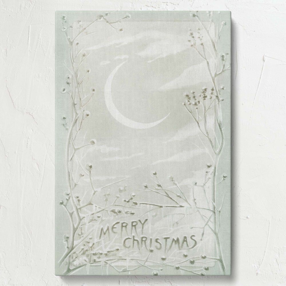 Framed vintage Christmas card print with a beautifully detailed monochrome holiday design, featuring winter branches, a crescent moon, and delicate lettering, a classic decorative piece for seasonal decorating and Christmas gift-giving.