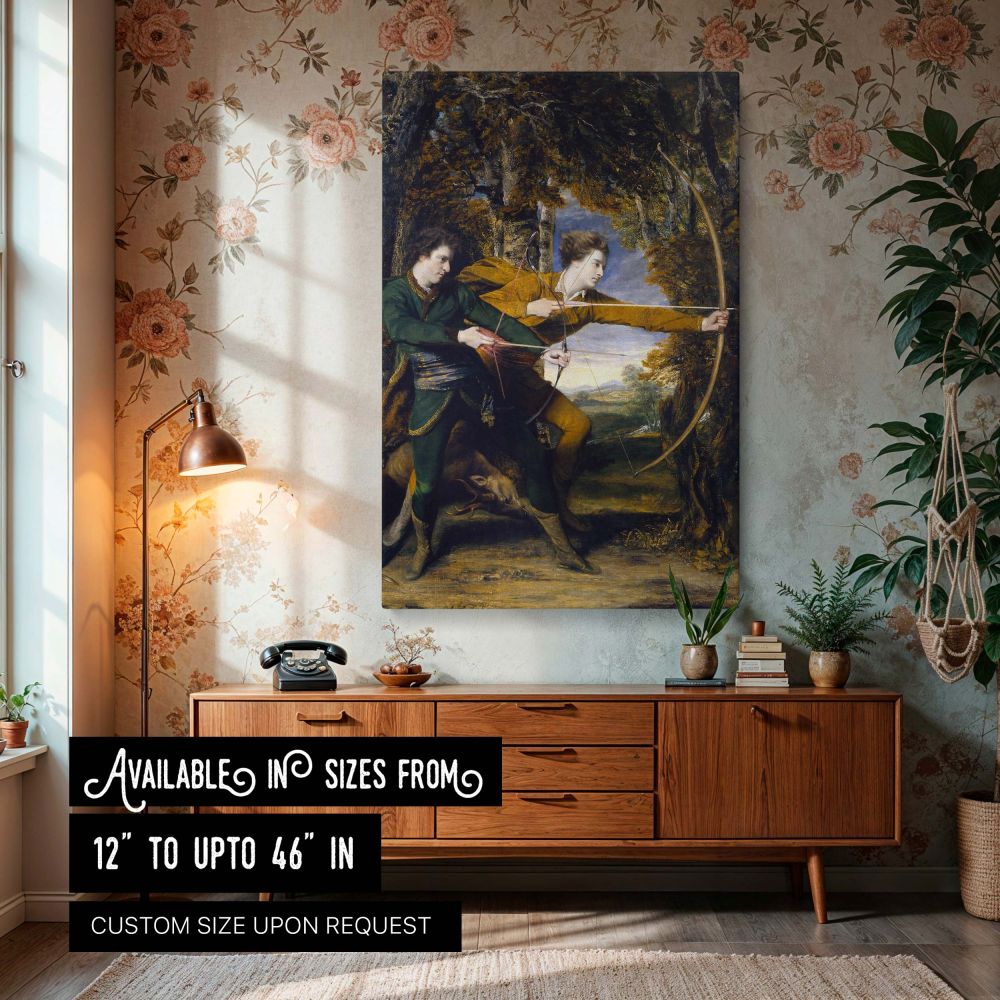 Canvas wall art of Colonel Acland and Lord Sydney The Archers by Sir Joshua Reynolds showing two noblemen in archery stance amid a golden forest, a historical portrait painting reproduced on high-quality canvas print perfect for vintage decor and classica