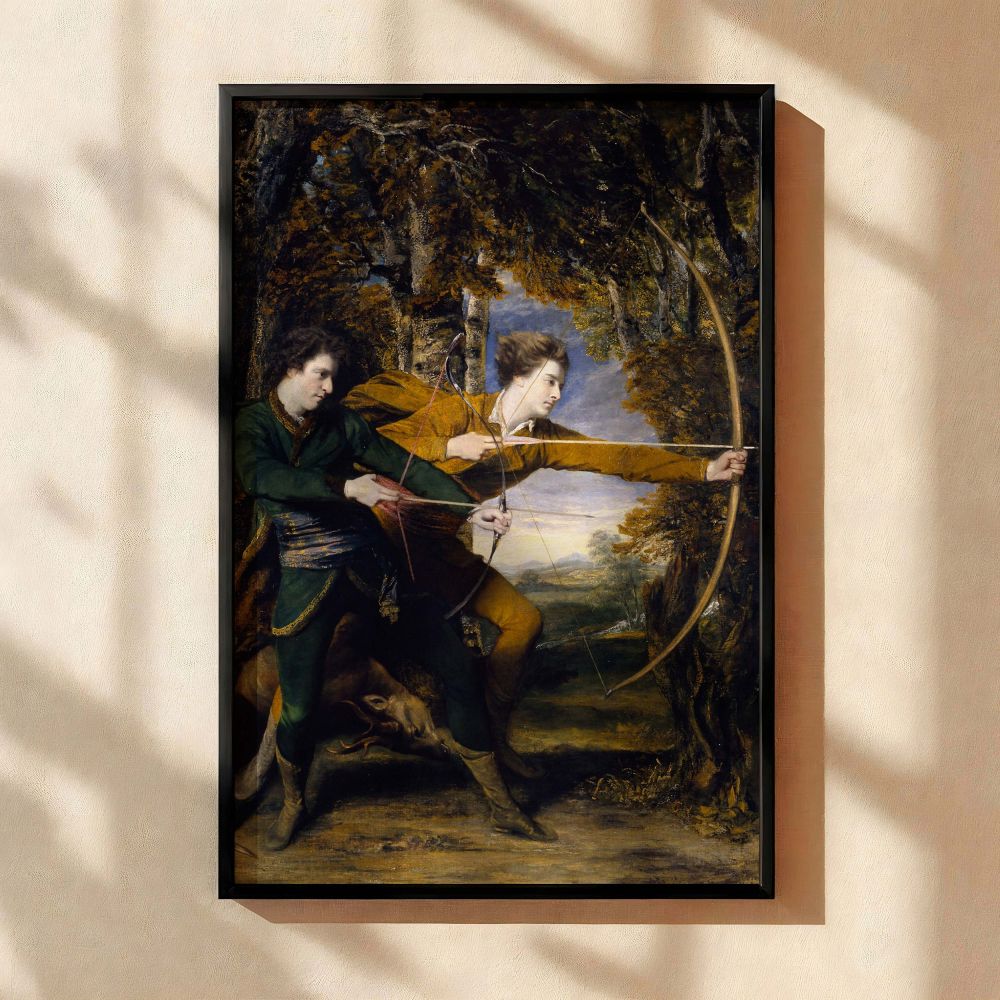 Colonel Acland and Lord Sydney The Archers canvas print by Sir Joshua Reynolds featuring elegant 18th-century figures in motion with drawn bows, surrounded by autumn trees and dramatic lighting, ideal for traditional decor or historical wall art collectio
