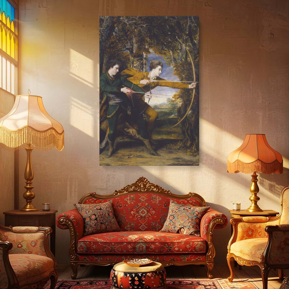 Museum-quality canvas print of Colonel Acland and Lord Sydney The Archers by Joshua Reynolds showing dynamic figures preparing to fire arrows in a woodland scene, perfect for heritage-themed rooms or historical British art lovers.