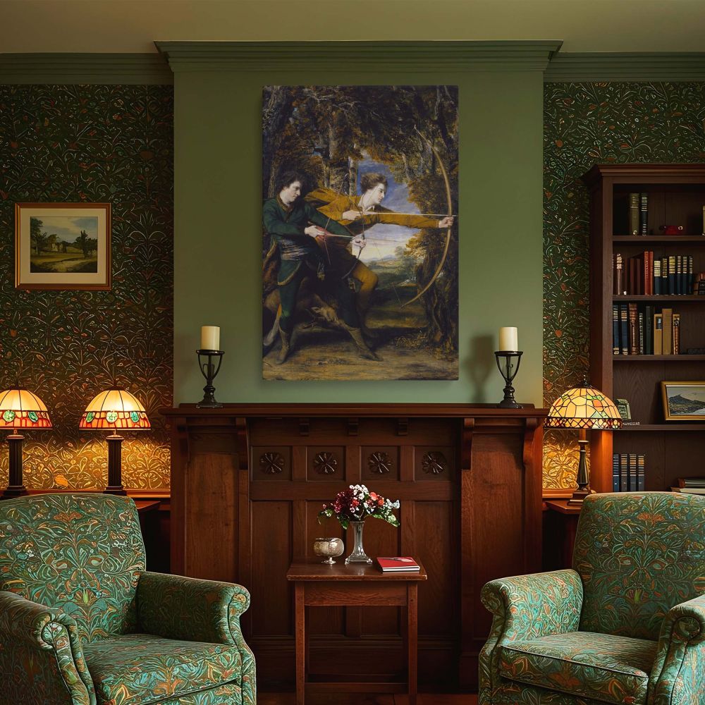 Colonel Acland and Lord Sydney The Archers by Reynolds reproduced as canvas wall art capturing dramatic archery poses, lush nature background, and historical detail ideal for elegant homes, classic libraries, or vintage-inspired spaces.