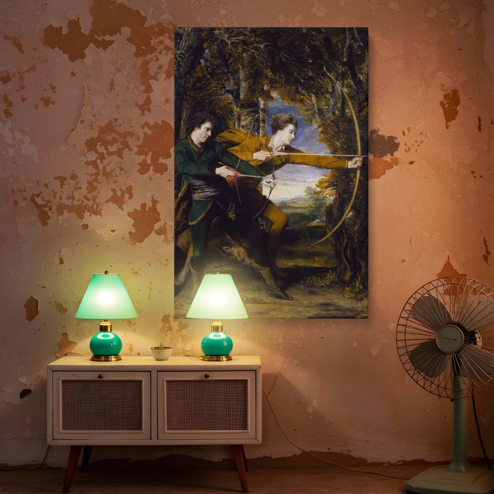 Sir Joshua Reynolds's painting of Colonel Acland and Lord Sydney The Archers turned into striking canvas wall art featuring tension, movement, and noble sport in a forest, great for vintage collectors and traditional portrait art fans.