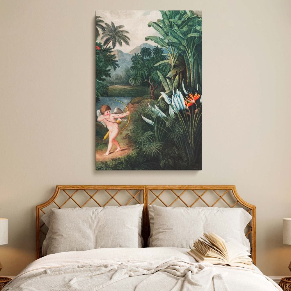 High-quality botanical canvas print of Cupid Inspiring Plants with Love from The Temple of Flora, depicting a mythological scene with a bow-wielding Cupid in a lush tropical landscape, ideal for elegant, classical, or botanical-themed interiors.
