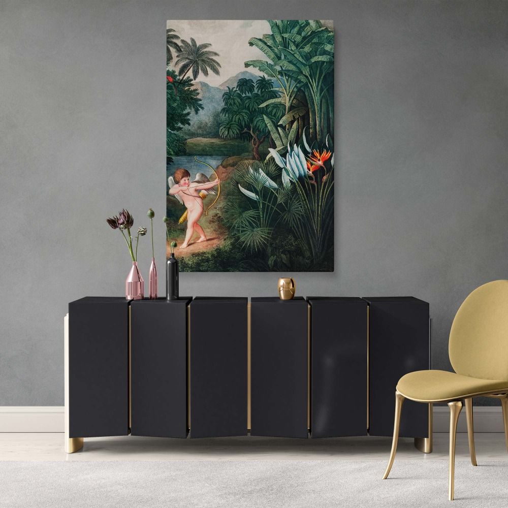 Cupid Inspiring Plants with Love canvas wall art featuring Robert John Thornton's 1807 botanical illustration with tropical plants, flowers, and a mythological Cupid figure, a perfect fine art print for classical, vintage, or nature-inspired home decor.
