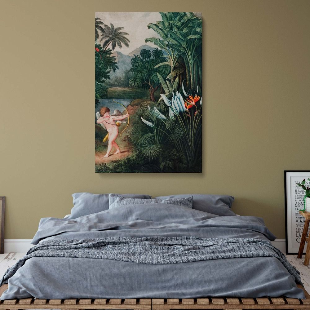 Romantic vintage botanical illustration printed on premium canvas, showcasing an intricate 19th-century floral artwork with exotic flowers, palm trees, and a Cupid figure, perfect for art collectors, nature lovers, and classical decor enthusiasts.