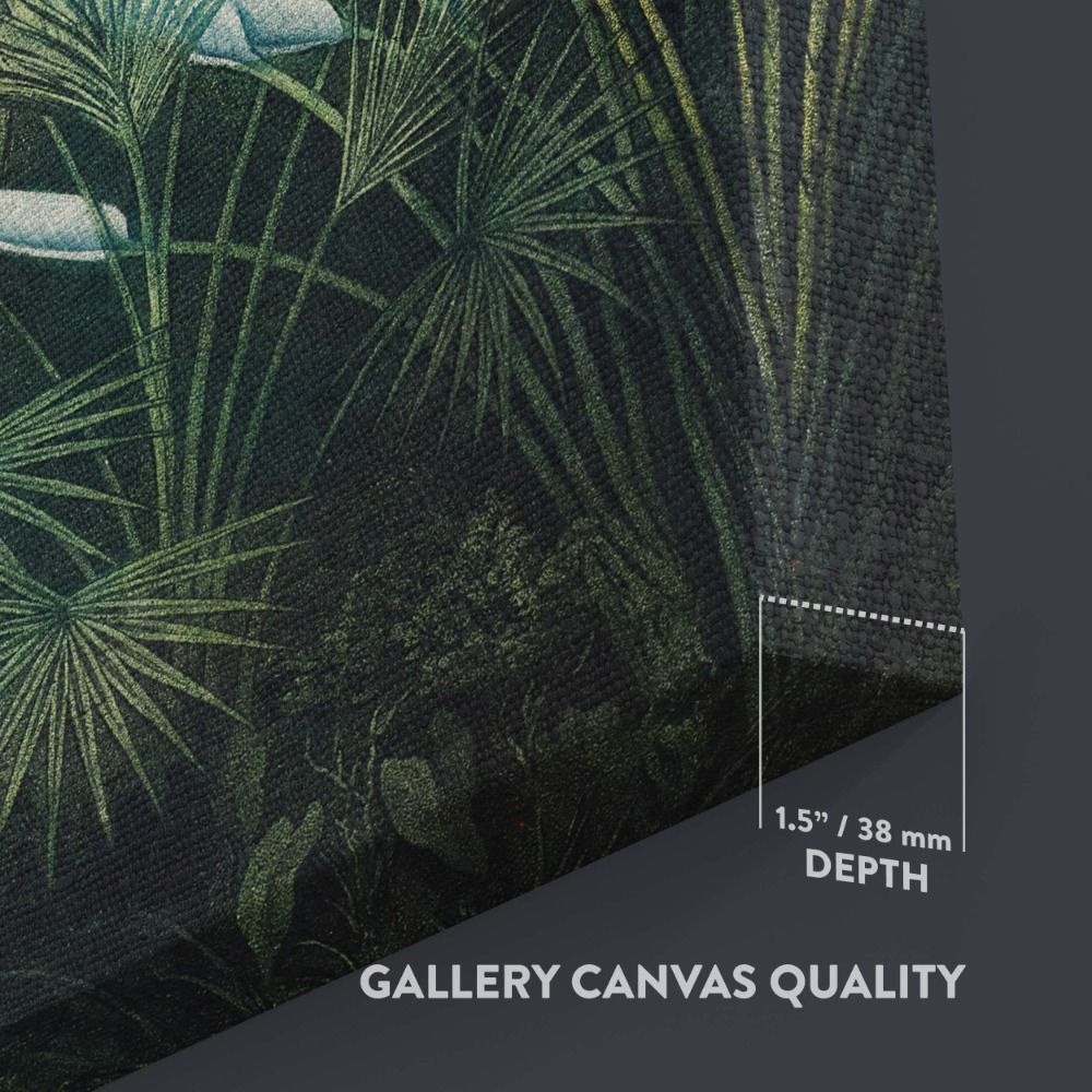 Exquisite Temple of Flora canvas print featuring Cupid aiming his bow in a tropical landscape, an elegant and poetic 19th-century botanical artwork perfect for vintage, classical, or fine art lovers looking for nature-inspired decor.