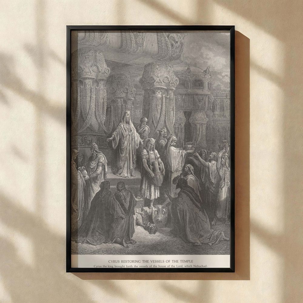 Gustave Dore's illustration of Cyrus restoring the temple vessels is shown in this detailed wall canvas. King Cyrus, in royal attire, gestures from a high platform as elders and priests below him receive golden temple artifacts. Engraved in grayscale, the